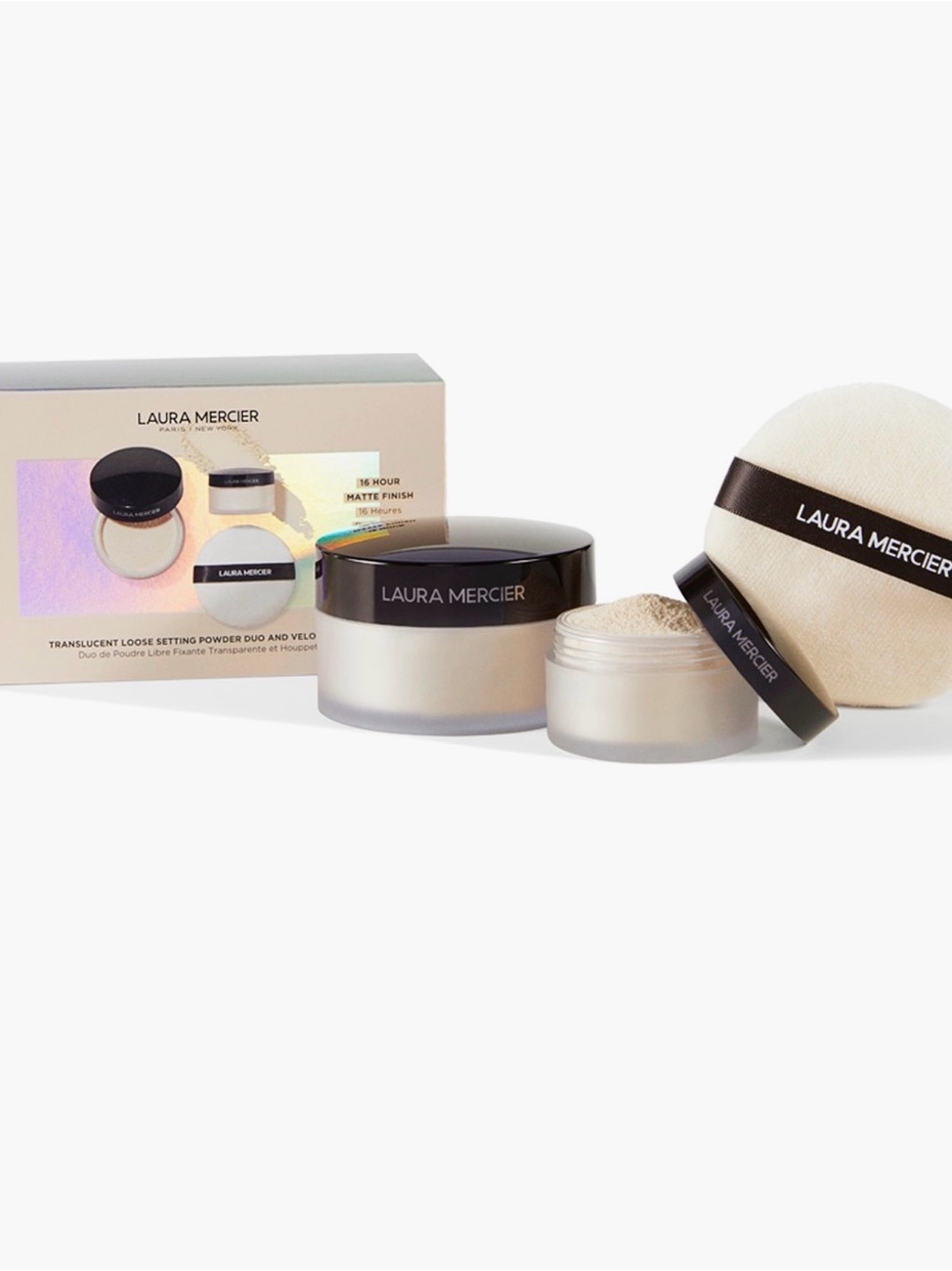 laura mercier Translucent Loose Setting Powder Duo in Cream and Black Packaging